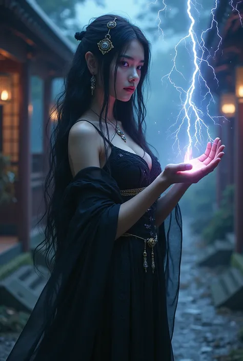 seductive female fallen angel with long flowing black hair and purple eyes, wearing a dark shrine maiden outfit with lightning motifs, standing in a shrine surrounded by storm clouds, calm and enchanting expression, whole body, calm demeanor as she conjure...