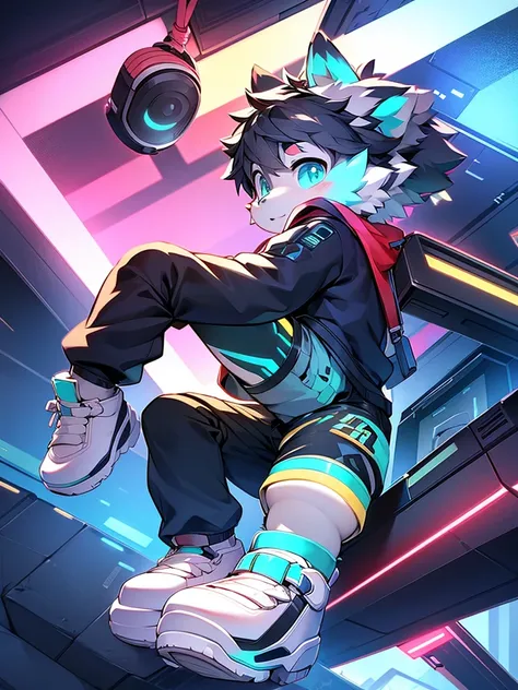 Shorty Shota，furry， tech style，Q version，Wear neon shoes 。