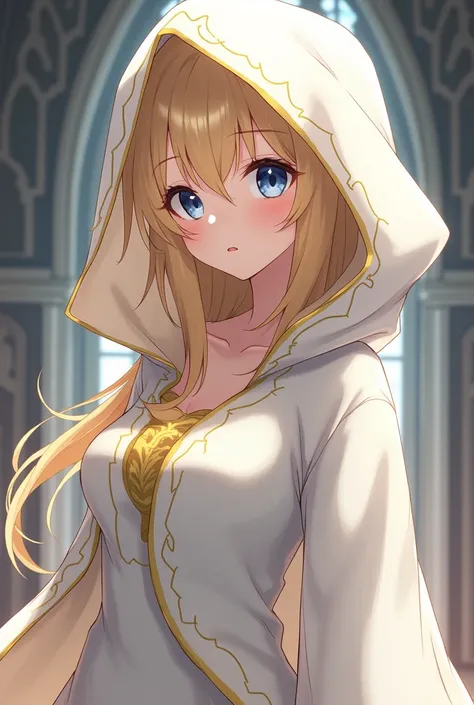 Create an anime priestess! Just a simple anime art, make the background a church.

Make sure she looks like:

Simple anime priestess art, pretty face, slightly blushing, blue eyes, blonde yellow hair, has bangs with long side bangs, pale skin, wearing a wh...