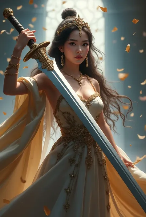 A princess with a royal outfit holding a very long oversized sword with grace cast out of her hand. Full shot, fine-face, realistic shaded perfect face, fine details. Very anime style. Realistic shaded lighting poster by Ilya Kuvshinov katsuhiro, magali vi...