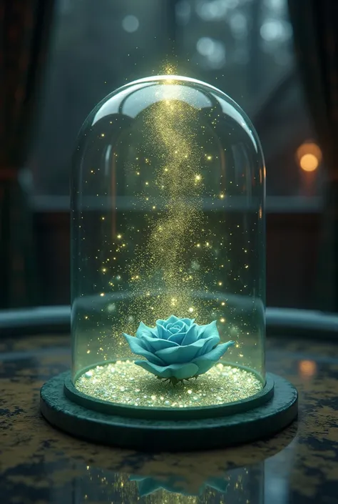  A floating blue rose ,   Inside a glass dome to protect ,   rose from Bela and Fera  ,   light that is reflected from above  , Above the sentence   " save the distance ", com brilliance prateado envolta, Details em dourado, necessary, Detail, quality, bri...