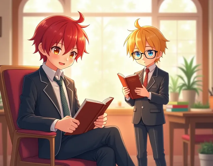 Cartoon format ,man,Red hair, orange eyes , wearing fancy school uniform , sitting on a chair,cute,man, golden hair, blue eyes ,Wear glasses, standing reading book , wearing fancy school uniform ,In the classroom,Anime,Cartoon figure, , Good atmosphere wit...