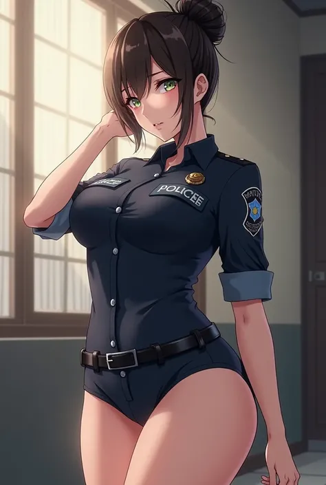 Police woman , police , female , short shorts , big breast, thick thighs, bun hair , very short shorts , shorts ,beautiful , ver short shorts, police woman , thick thighs , anime 