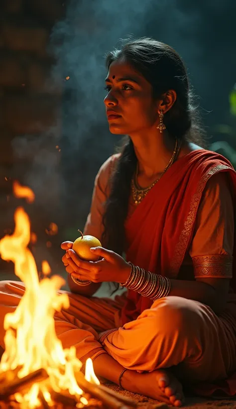 A Very Clear 4K Ultra HD Dynamic Image Of "Bachal Devi sits near a sacred fire in her home, holding the golden fruit with both hands before consuming it. Her expression reflects faith and hope, and the surroundings are simple yet serene.
