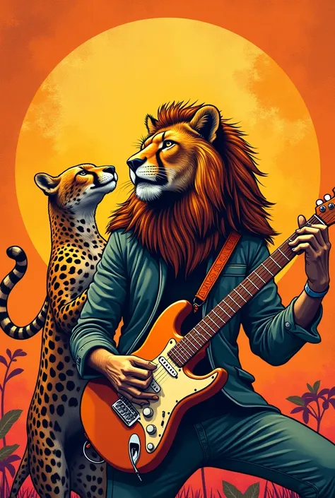  I want to make a band icon . 
The name is tangerine. .  tangerine means the white peel of a tangerine.
And the language Yu-Hee-ya (rock) band that combines tangerine and rock .

 playing the piano and the Cheetah playing the guitar , Describe the vocals o...