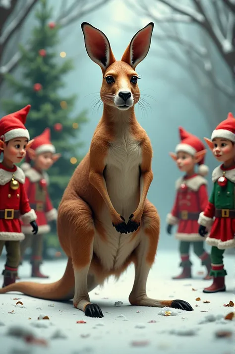 A kangaroo against 5 elves dressed in Christmas costumes 