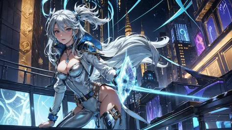 model gisele bündchen, extremely beautiful, solo girl in an urban anime-style with a vibrant pop. long silver hair with blue hig...