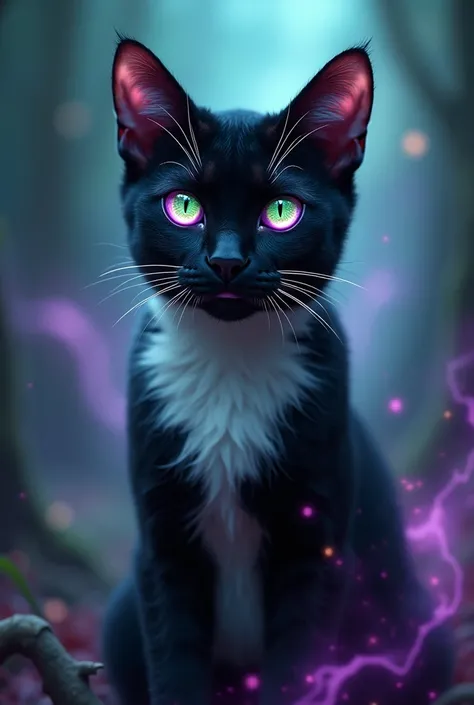  A magic cat colored black and white, green and purple eyes 