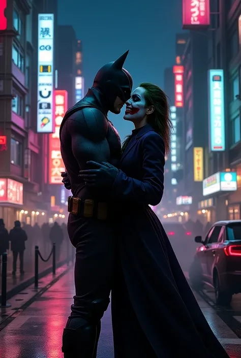 Create a picture in Tokyo with lots of neon signs and Batman kisses the Joker