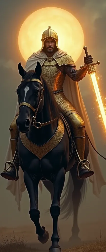 A divine and fearsome rider dressed in ancient armor with religious symbols etched into the metal, representing justice and judgment. He rides the black horse with unwavering authority. In his right hand, he carries a glowing sword, symbolizing the “sword ...