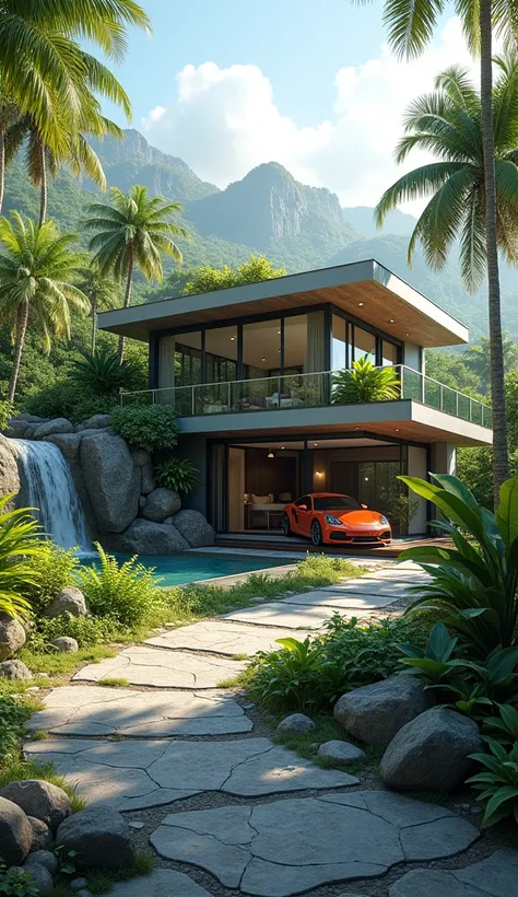 Realistic depiction of small two-storey modern house and there is a car garage and pool display out front, surrounded by lush greenery and there is a small river The water is clear flowing from the waterfall.  The view includes a stone-paved path with a be...