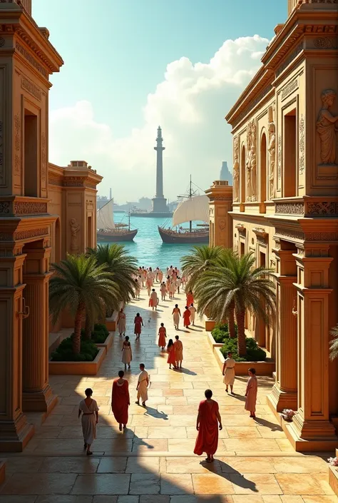 (photorealism:1.2), Create a photorealistic, high-quality 4K image of ancient Alexandria, Egypt, in its prime. The scene features grand stone buildings with intricate carvings, towering columns, and statues reflecting the opulent Hellenistic architecture. ...