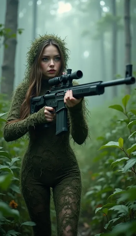 Beautiful British woman with doll-like features wearing a camouflage ghillie suit, holding a high-tech sniper rifle with precision. She stands in a dense, misty forest, blending seamlessly into the foliage. The surreal action scene highlights her elegance ...