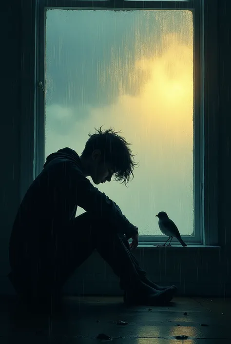 A melancholic scene of a person sitting by a rainy window, head down in deep thought. Raindrops on the window reflect faint sunlight breaking through. A small bird perched on the windowsill, adding a hopeful touch. Moody lighting with soft contrasts of blu...