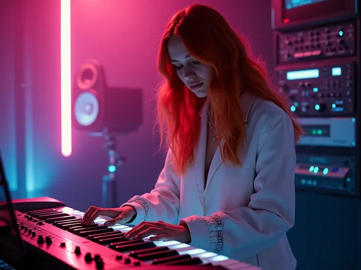 une très jolie fille de dos, sexy, elle est habillée en blanc, vêtement futuriste, science-fiction, elle joue debout de la musique électronique dans un studio de musique électronique, elle joue de dos et debout sur un synthétiseur, rousse, cheveux longs et...