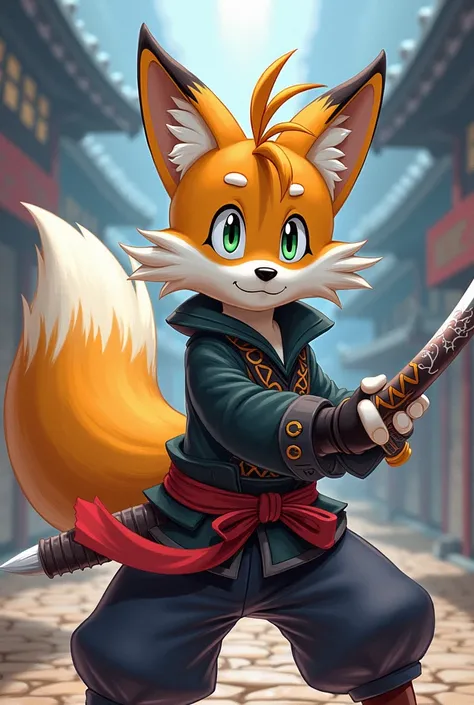 Tails the fox, Miles Prower,he held katana and he look like Rengoku from Kimetsu No Yaiba