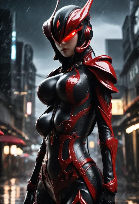 1 japanese girl, WARFRAME, intricate pattern, heavy metal, energy lines, faceless, glowing eyes, elegant, intense, blood red and black uniform, solo, modern, city, streets, dark clouds, thunderstorm, heavy rain,, dramatic lighting,, (masterpiece:1.2), best...