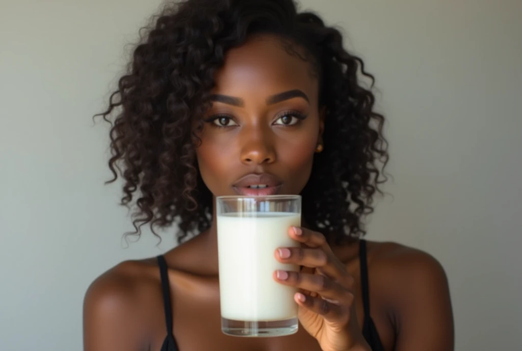 Black woman drinking milk looking at the camera with big breasts realistic photo 