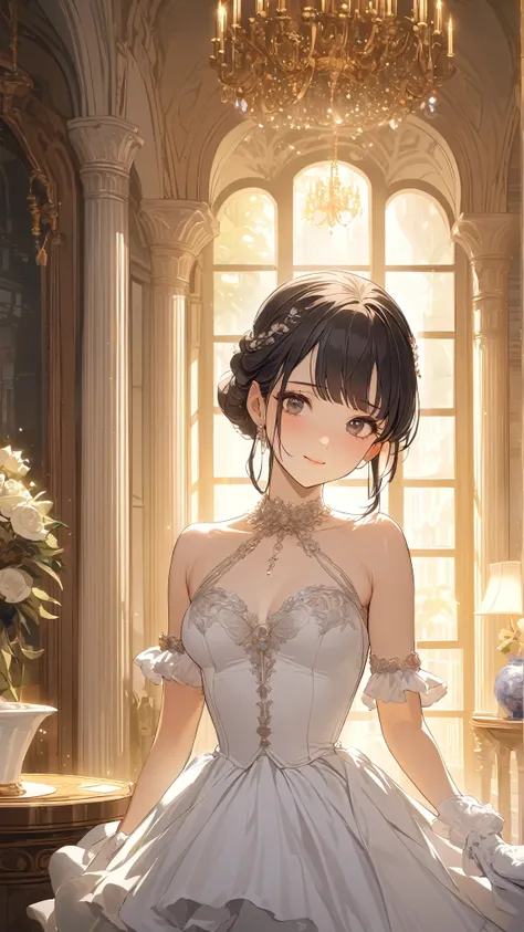 1 girl, ( cute face), hime cut, to many hairstyle, gorgeous princess mini dress, ruffled gloves,  Pottery skin ,  medium breasts, break, Inside the palace, (Dreamy Light:1.3),  Elegant Atmosphere , break,  Beautiful Chandeliers ,  luxury decoration , Tale ...