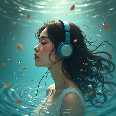 an image of a woman wearing headphones and surrounded by swirls of water and leaves, by WLOP, girl wearing headphones, music in the air, listening to music, with headphones, headphones, vibing to music, dreamy rock girl, headphones on