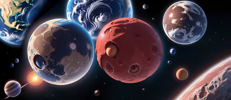 (Two planets) in space. One moon who has a face, the face is surprised and the other large planet that looks like a juicy meatball