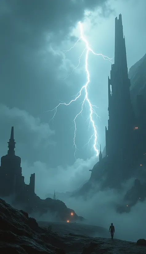  A futuristic landscape with lightning and fog, representing a leap in time .