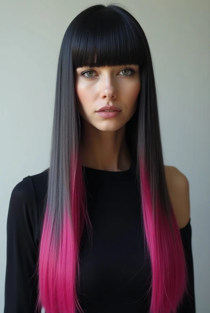  A black hair with platinum highlights and pink highlights, Long and without volume and without fringe