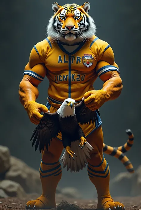 A Tiger ,  dressed as a ball the team is called Licey holding an eagle in her hand,  with its head down and the tiger standing ,  clutching the eagle by the leg 