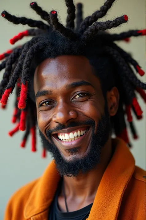  male character, With big dread hair with the tip of the red hair, Black skin,  and a big smile on his face 