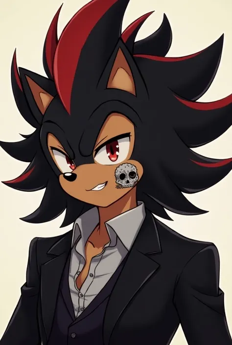  Create a drawing of a flirty 22-year-old boy  ,a good physical body  , who is half hedgehog and half human,  with long black hair with a red tuft , with brown skin , red eyes,  a skull tattoo on the cheek of his face , And in mobster clothes
Anime version...