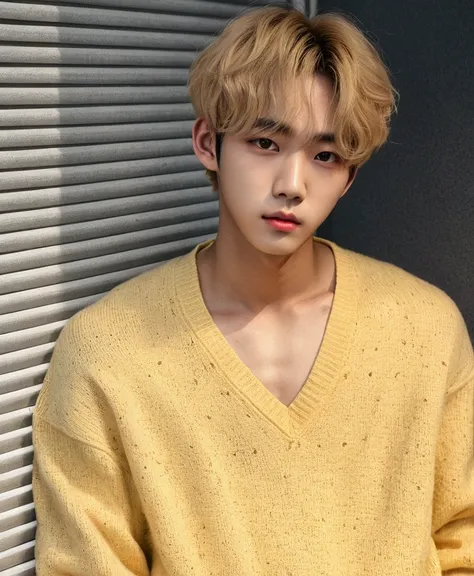  engraved image of a young man wearing a yellow sweater, sometimes ulzzang, Kim Doyoung, Jung Jaehyun,  with short hair , Cai Xukun, jinyoung pimple, ulzzang, hyung tae,  Wavy hair yellow theme , blond boy with yellow eyes , Inspired by Jeonseok Lee, Inspi...