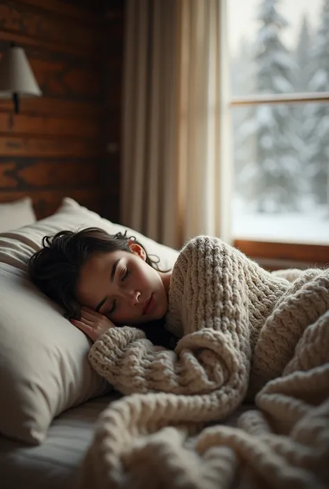 Woman lying in a winter bed