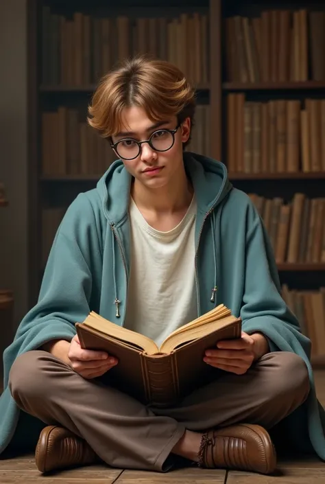 A young wizard, man, estilo d&d,  couple, light brown hair, glasses, a light blue cloak ,  a white linen t-shirt ,  brown pants , Sitting cross-legged leafing through an old book in a library. 8k, realistic.