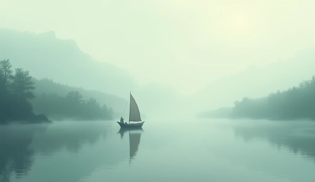  A simple boat sailing across the river on a cloudy morning, with a mist partially covering the scenery .