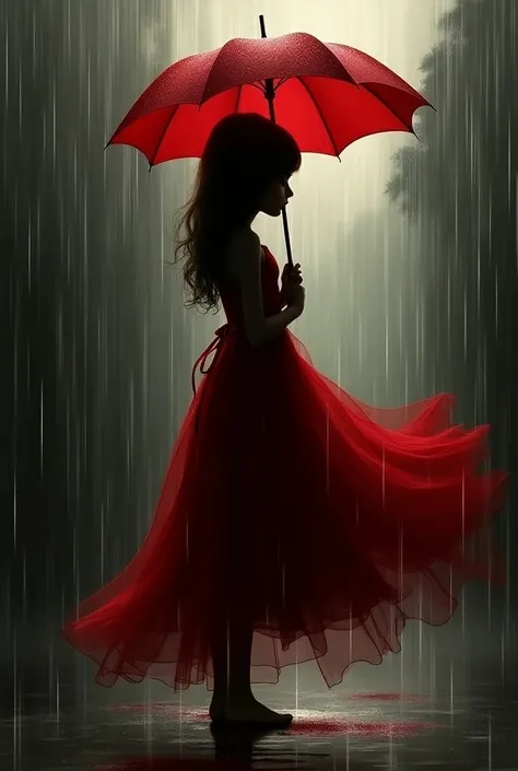 The painting represents a realistic silhouette of a girl in a red dress with an umbrella, Add rain