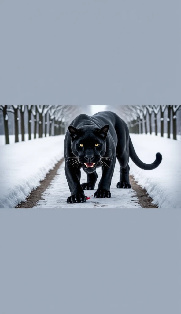 Draw animals like the model above. The white dog beats the black panther, the panther is bleeding and injured on the ground, the dog stands and steps on the panther, looking fiercely at the camera. The scene is in a forest full of trees and snow.