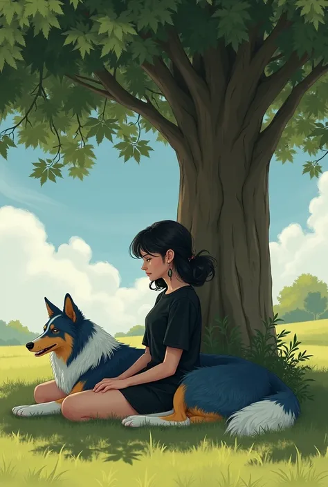 Create an image of a teenager wearing a black blouse sitting and a blue collie merlin bodder on his side under a tree please