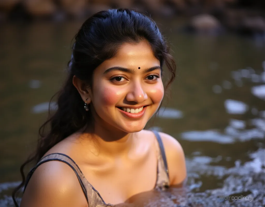 sai pallavi,soaking in the river with half his body in the water,wet black hair in a ponytail,smiled cheerfully,with the forest ...