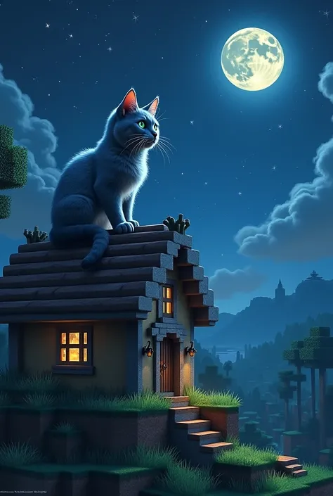  Paint a Minecraft house on the roof should an e cat sit.  The cat is a Russian blue cat . It is night and the moon is shining 