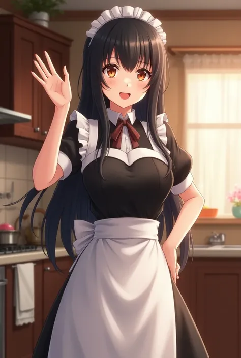 anime girl cute mature body black long hair wearing apron maid outfit love hand gesture background kitchen