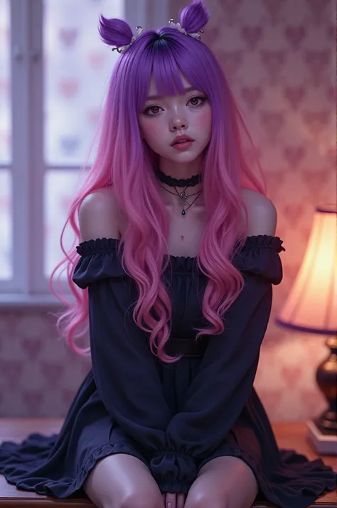 Ultra-realistic, masterpiece, ((Ultra detailed background, delicate patterned, Intricate details)), best quality, Intricate details, Chromatic Aberration, woman, 20 years old, araffe girl with pink hair sitting on a desk with her legs up, she has purple ha...