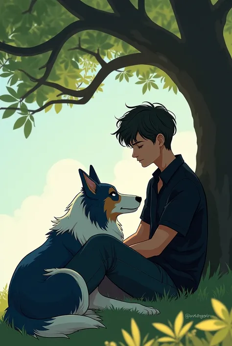 Create an image of a teenage boy in a black blouse sitting and a blue collie merlin bodder on his side under a tree please