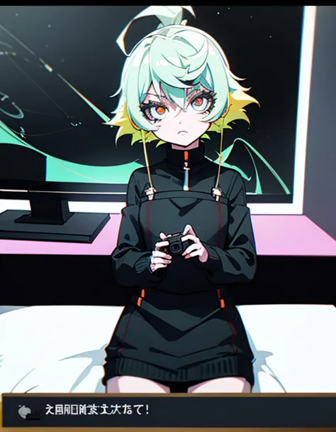 1 girl, anby, short hair, green headphones, white hair, orange eyes, black skirt, black and green sweater, black and green detac...