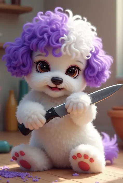 In this image we see a purple-haired bichon dog using a knife to shave