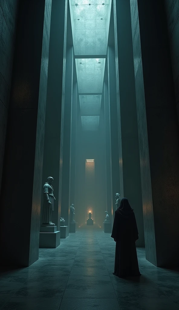 A dark, modern museum at night, towering statues cast long shadows, dim flickering lights barely illuminate artifacts, eerie silence fills the air, a sense of unseen eyes watching.