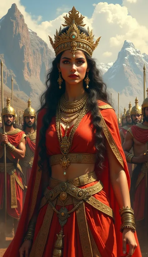 A Woman, 27 years old, very beautiful, with hindu features, light honey colored eyes, ancient royal clothes, crown with jewels, standing, full body. Behind her, an ancient army of men, with swords. In the mountains, sunny day.