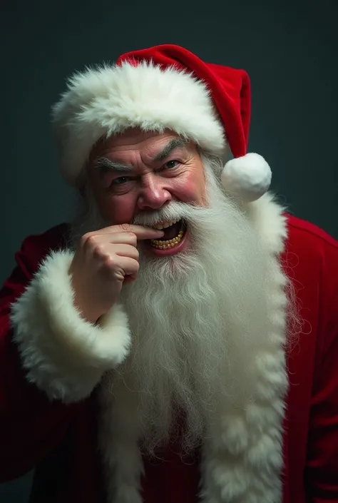 Santa Claus with his finger pulling at the corner of his mouth and showing the diamond teeth and with rays coming out of his eyes, with a straight face 