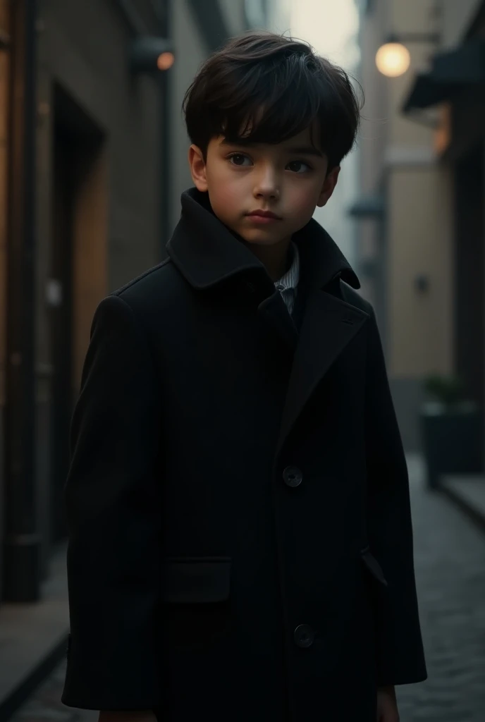 a boy wearing a black coat