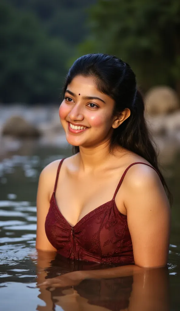 sai pallavi,soaking in the river with full his body in the water,wet black hair in a ponytail,smiled cheerfully,with the forest ...