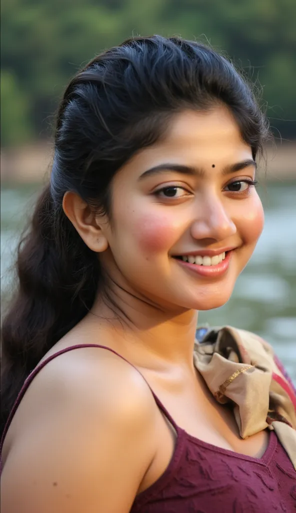 sai pallavi,soaking in the river with full his body in the water,wet black hair in a ponytail,smiled cheerfully,with the forest ...